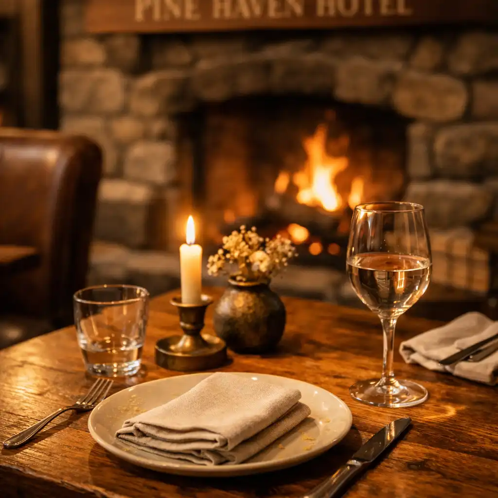 Close-up of a handcrafted timber table set with simple tableware and a lit candle, with a stone fireplace in the background