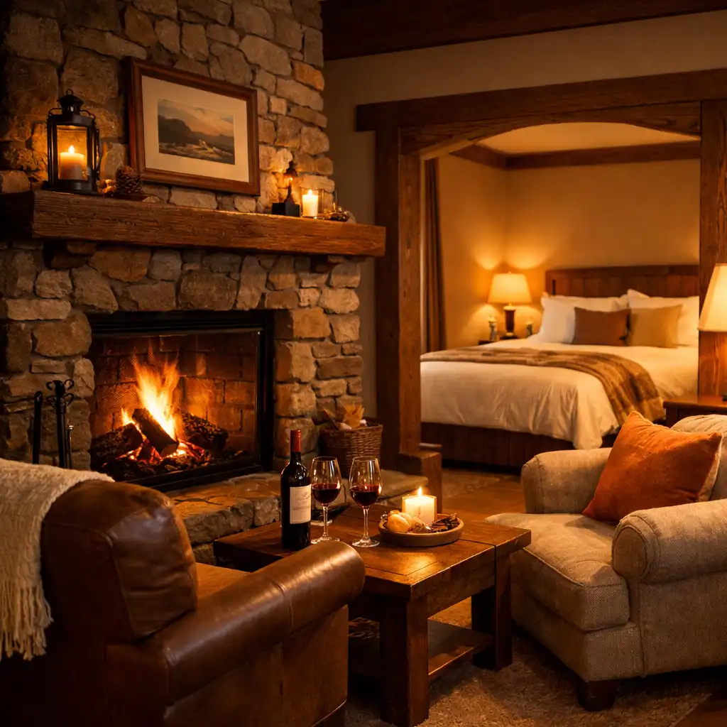 Fireplace Suite with lit stone fireplace, two armchairs, and king bed in a separate alcove