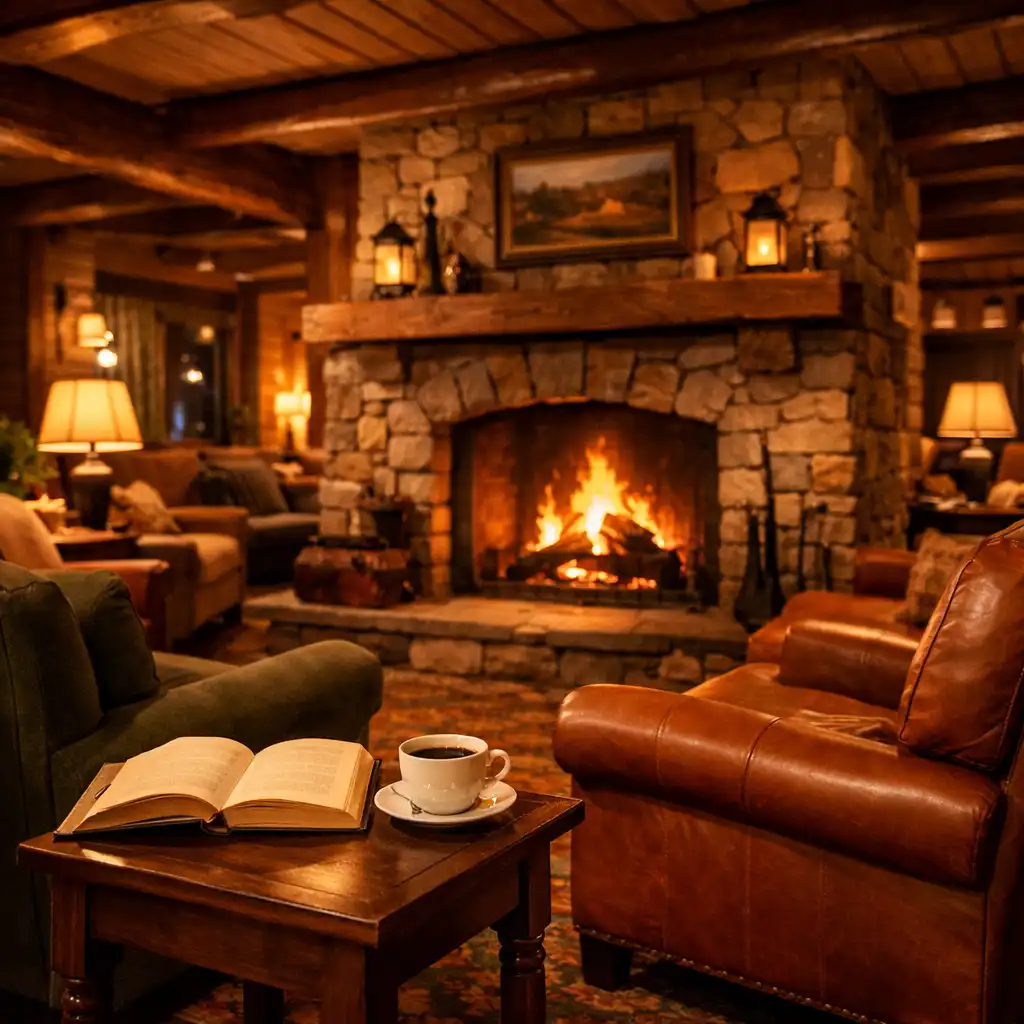 Cosy fireside lounge at Pine Haven Hotel with armchairs, a stone fireplace with a lit fire, and timber beams