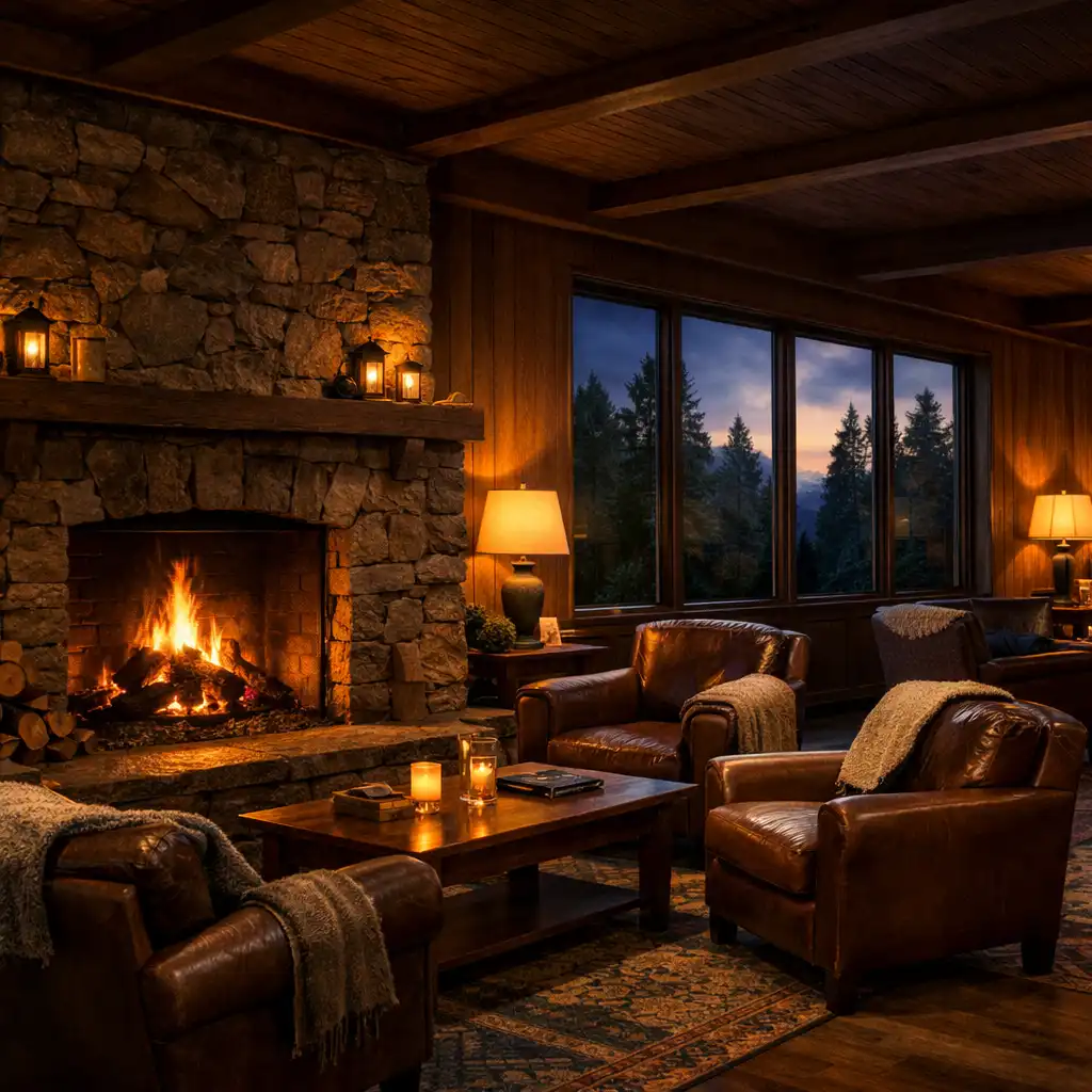 A wide view of the Pine Haven fireside lounge with a large stone fireplace, leather armchairs, and timber panelling