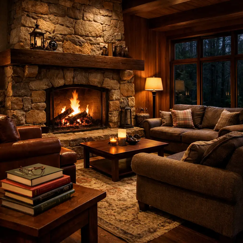 Fireside lounge with stone fireplace and comfortable seating