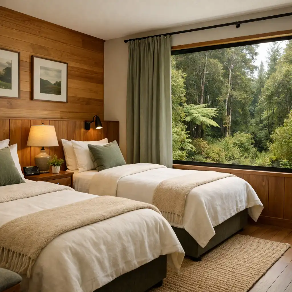 Forest Twin room with two single beds and a large window facing native New Zealand bush