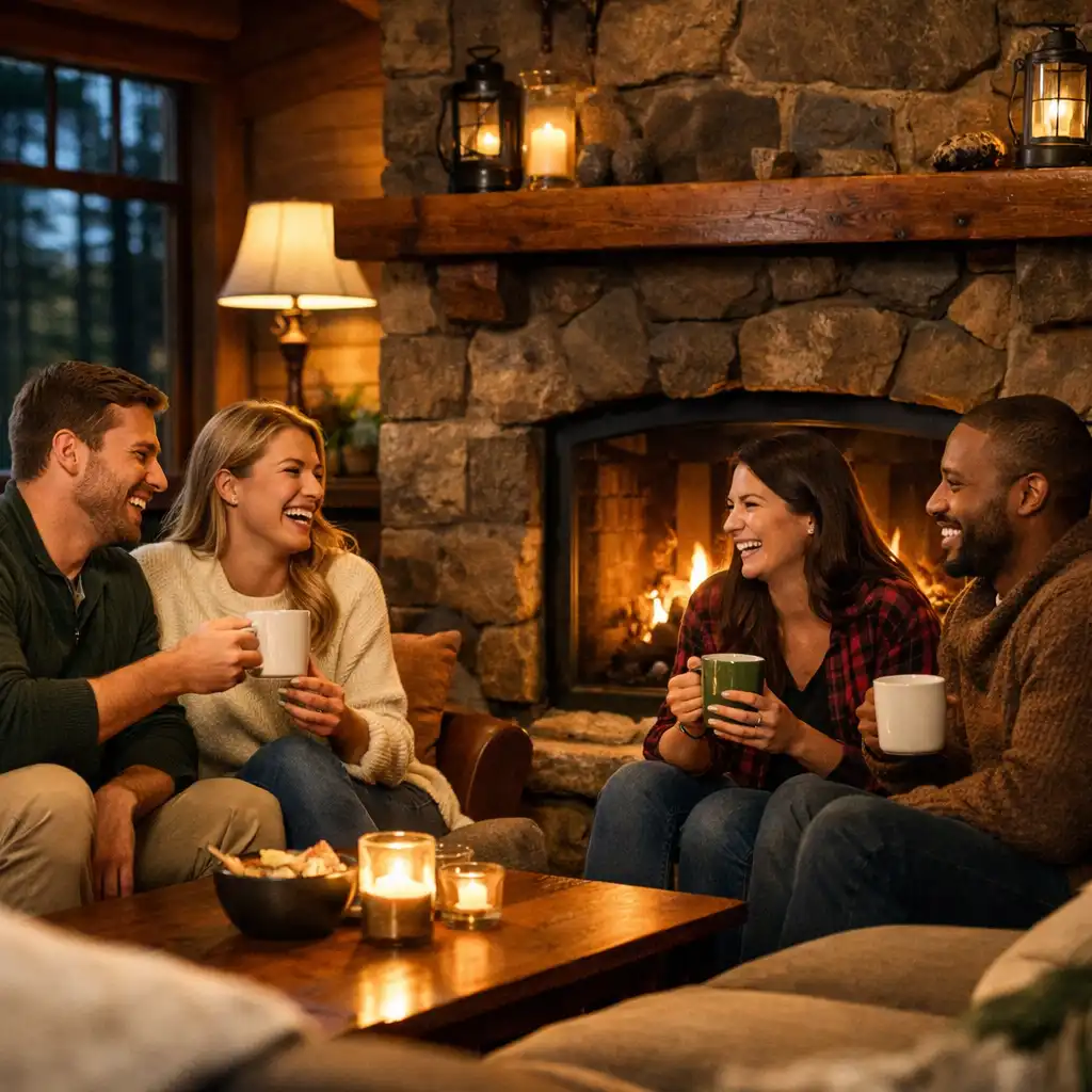 A group of friends relaxing around a stone fireplace in the timber-clad fireside lounge at Pine Haven Hotel