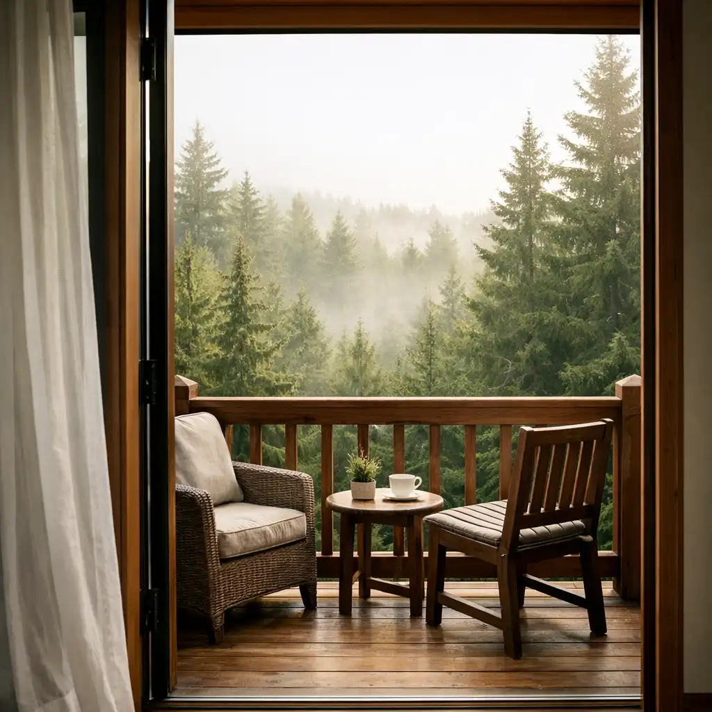Haven Room balcony with timber railing, two chairs, and pine tree view in morning light