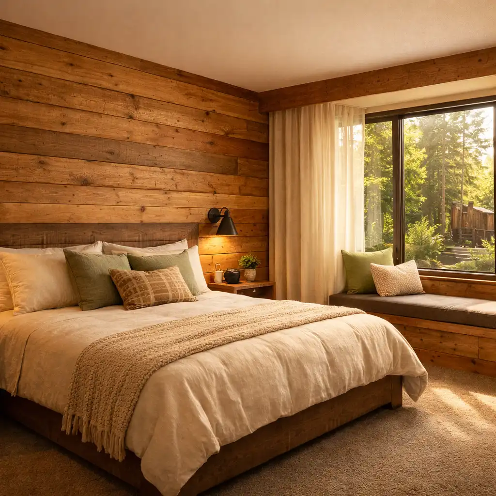 Timber-lined room with king bed, window seat, and forested courtyard view in soft morning light