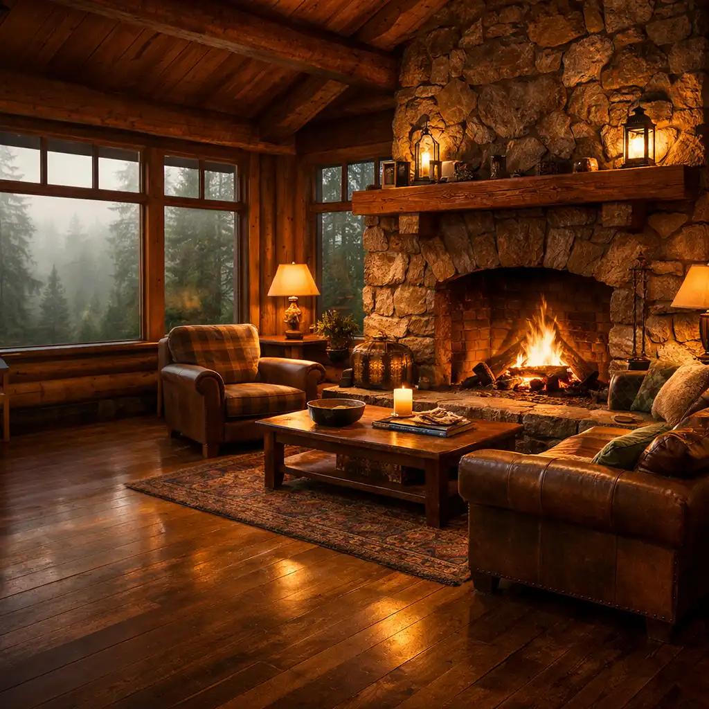 Warm timber lounge with a stone fireplace and comfortable seating at Pine Haven Hotel