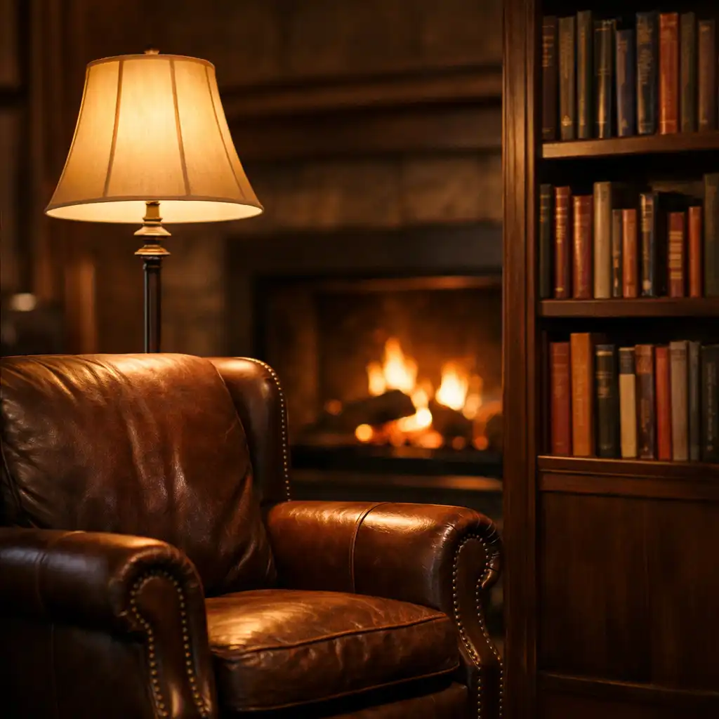 A quiet library corner with a leather armchair, floor lamp, and a small bookshelf near the fireplace