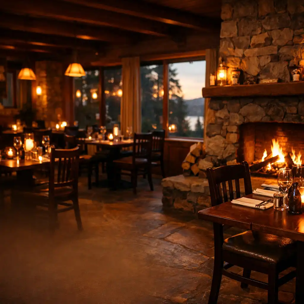 Warm dining room at The Lodge Table with timber tables, a stone fireplace, and soft evening light