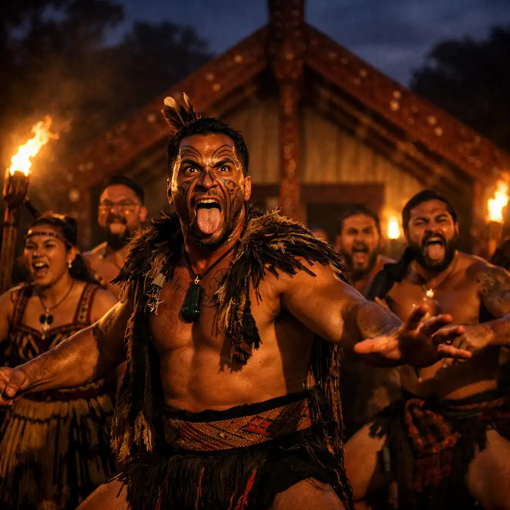 Māori performers in traditional dress performing a haka at dusk with a carved meeting house in the background