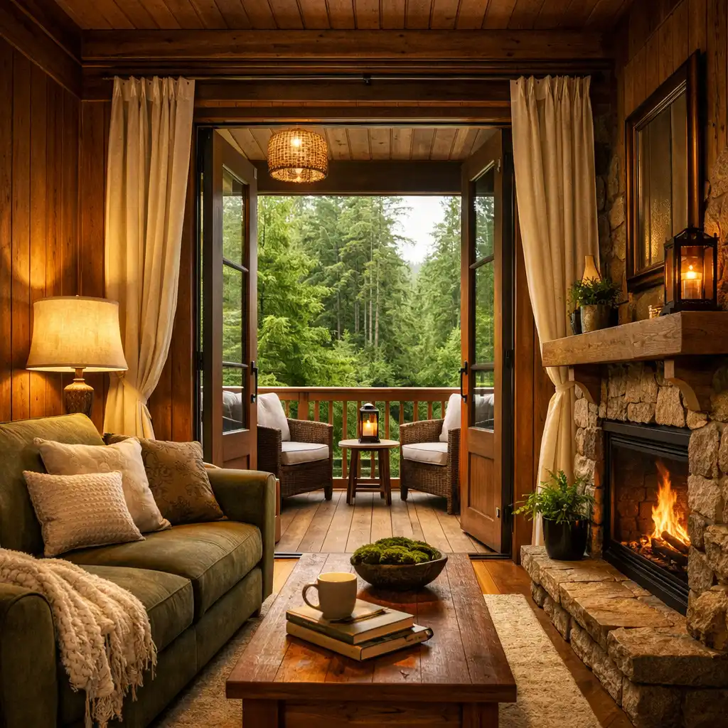 Pine Haven Suite living area with sofa, fireplace, and balcony door open to forest view