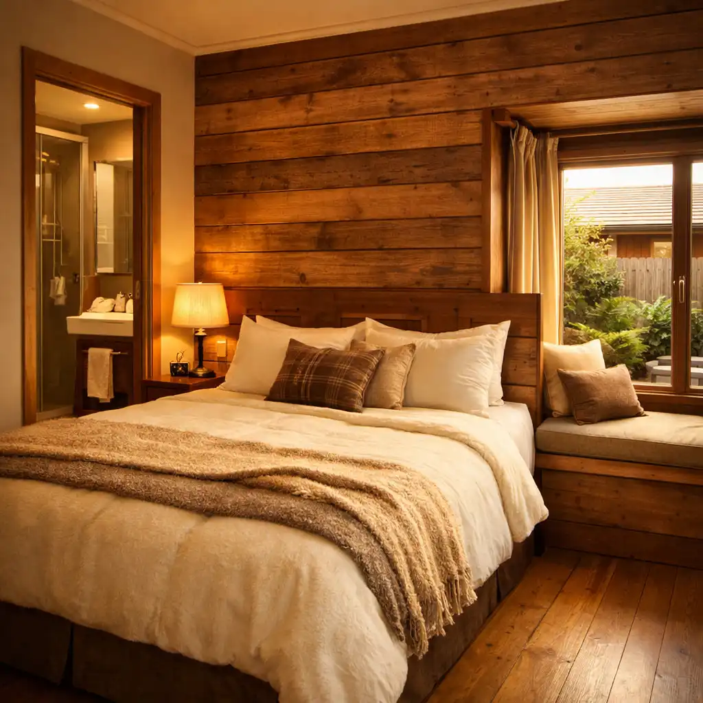 Pine King room with king bed, timber feature wall, and window seat in warm afternoon light