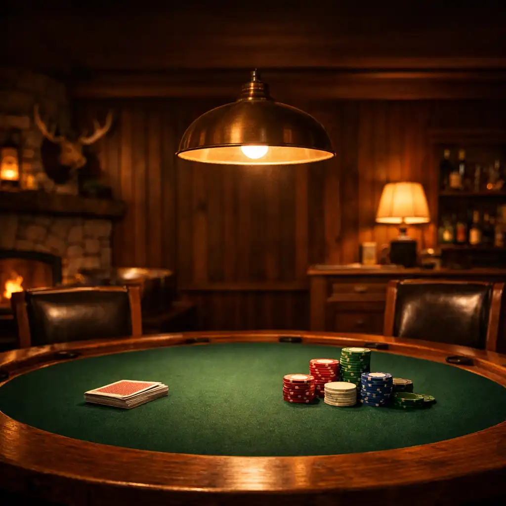 Warm, atmospheric poker room with dark timber panelling, a table with cards and symbolic chips, and low pendant lighting