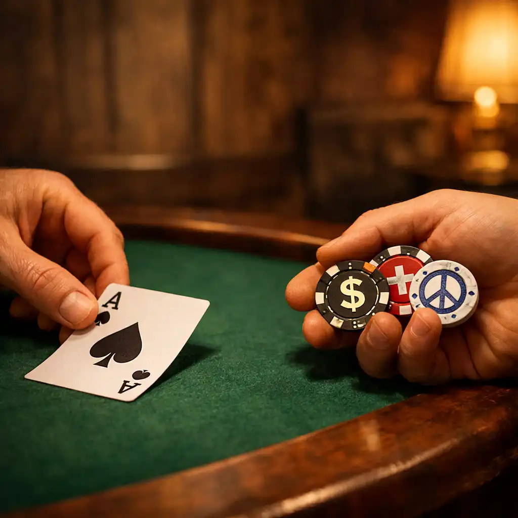 Close-up of a poker table with dark wood edge, green felt, a playing card being placed, and symbolic chips in warm low light