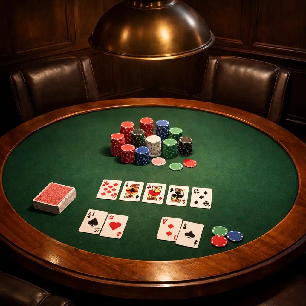 Round timber poker table with cards and symbolic chips