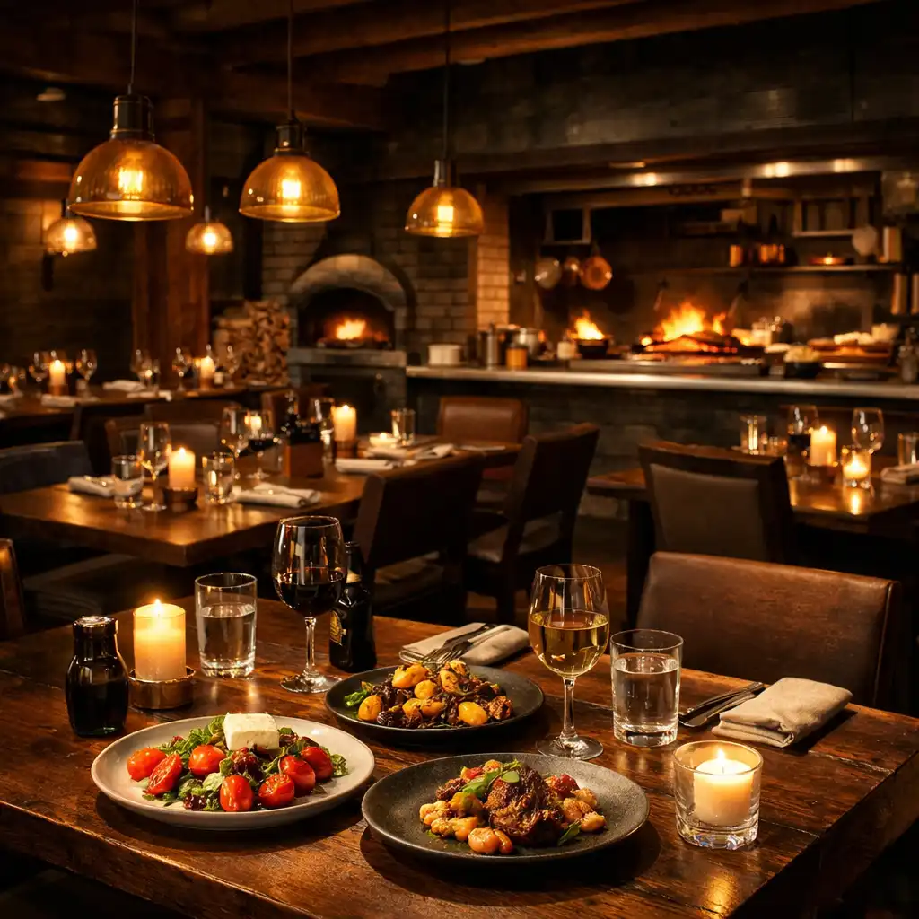 Restaurant interior with wooden tables and warm pendant lights