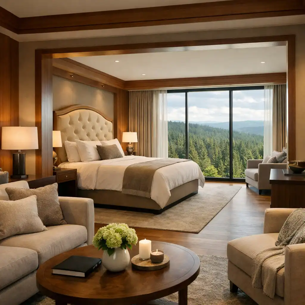 Pine Haven Suite with king bed and panoramic forest views