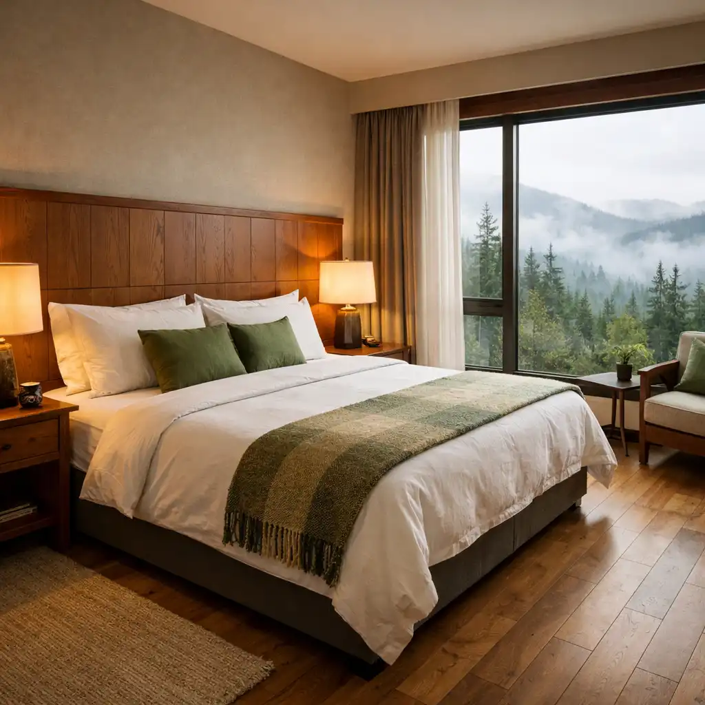 Pine King room with king bed and forest view