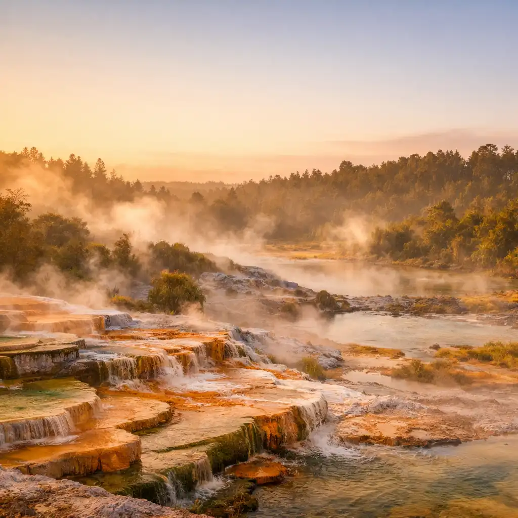 Steam rising from colourful geothermal terraces with native forest in the background at dawn