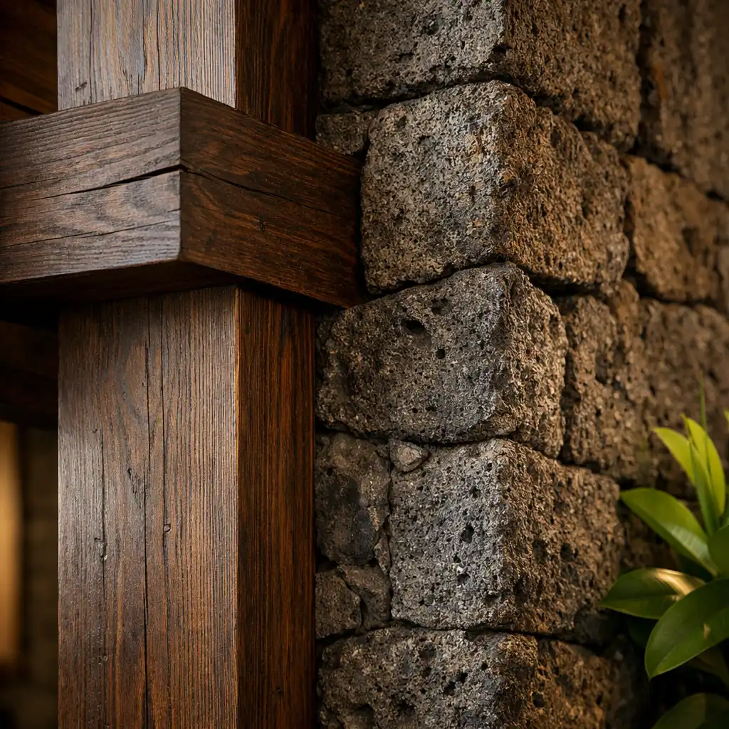 Close-up of dark timber beams meeting volcanic stone in the hotel interior