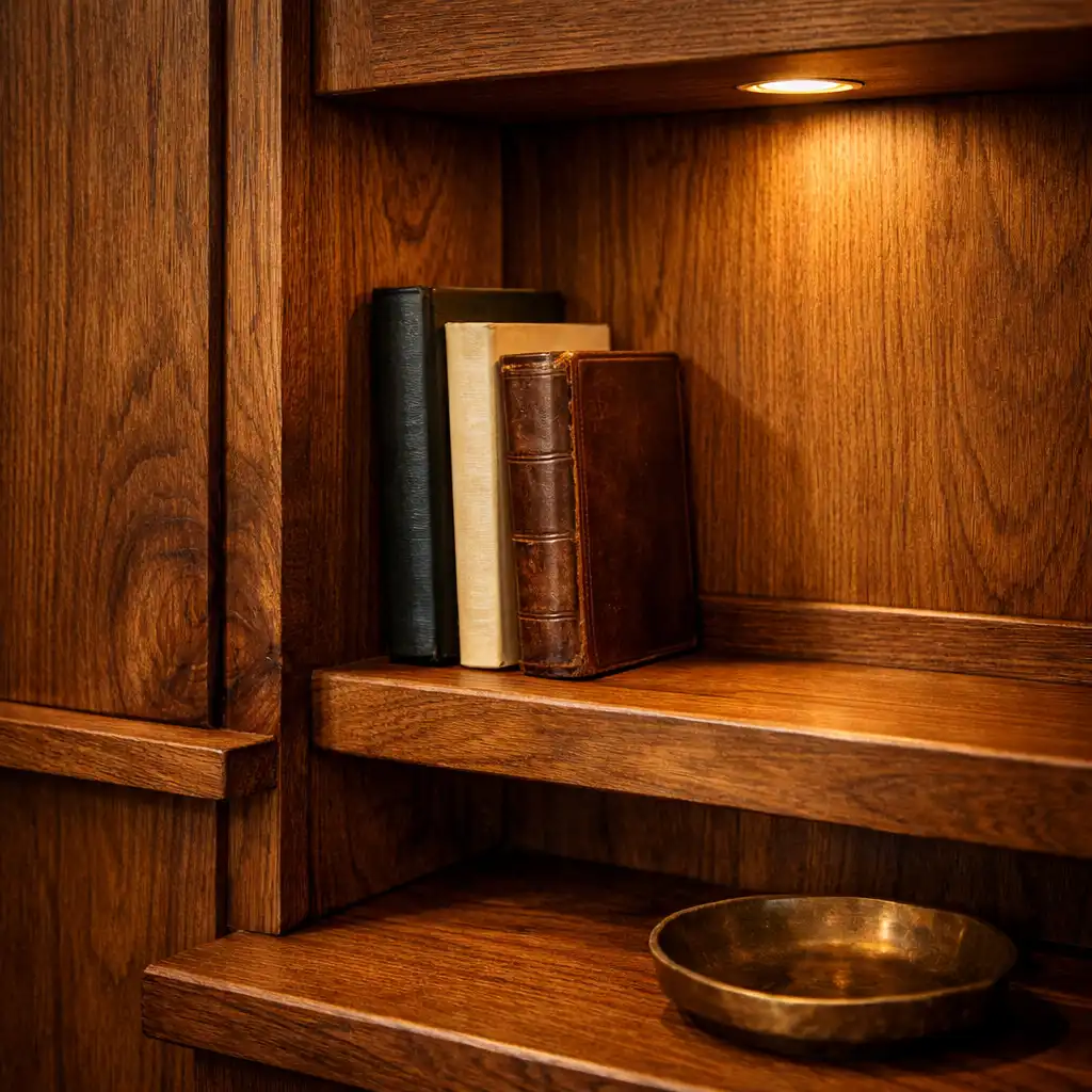 Close-up of rimu timber panelling, a handcrafted shelf, and warm joinery details in the lounge