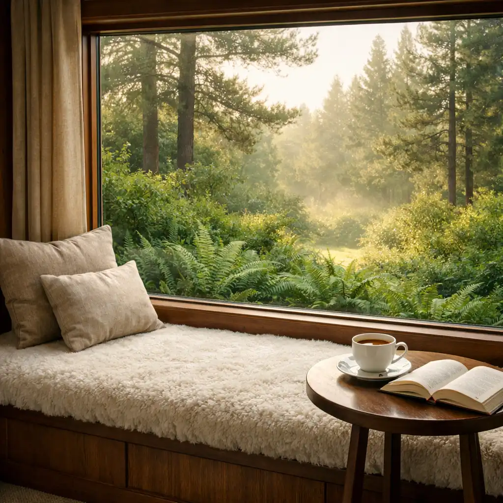 A deep window seat with cream wool cushions, a side table with tea, and a garden view